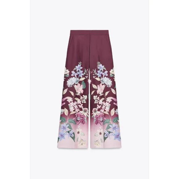 ZARA FLORAL PRINT WIDE-LEG TROUSERS - Picture 4 of 5